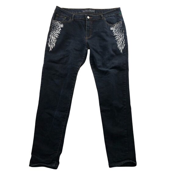 Impression Womens Embroidered Jeans Size 21 Blue Denim Angel Wings Casual Y2K - Picture 1 of 15